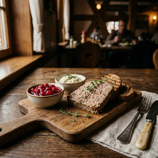 Pasztet z kaczki z sosem żurawinowym, chrzanowym w Restauracji Krakoski na Kazimierzu w Krakowie.