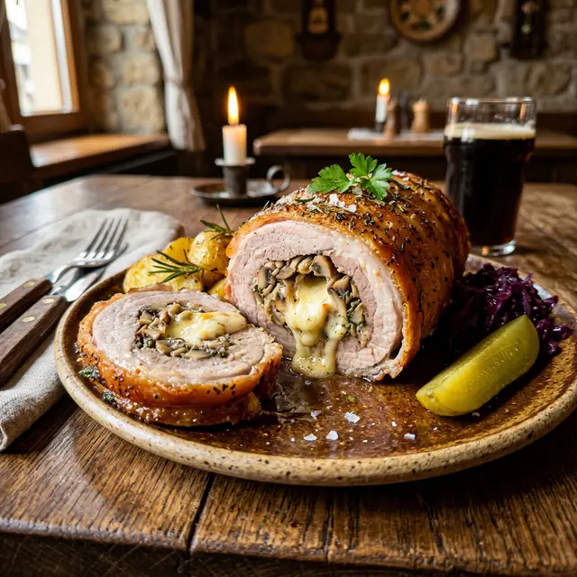 Rolada wieprzowa z nadzieniem pieczarkowo-serowym w Restauracji Krakoski na Kazimierzu w Krakowie.