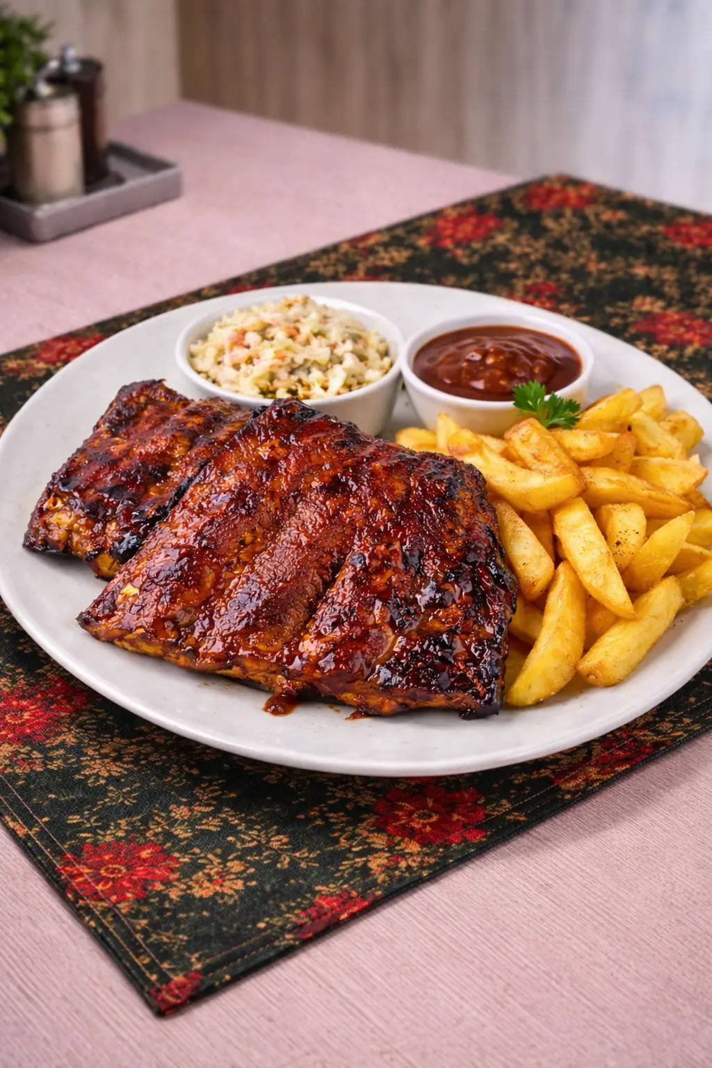 Żeberka wieprzowe w sosie BBQ oraz miodzie z frytkami w Restauracji Krakoski na Kazimierzu w Krakowie.